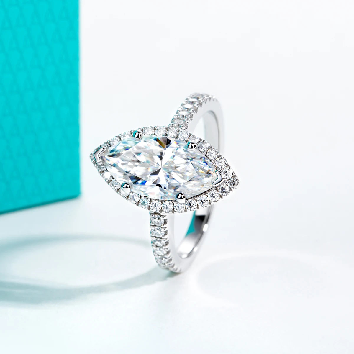 Anel Halo de Noivado com Moissanita Marquise 3ct em Prata 925 – Cor D VVS1, Luxo Feminino