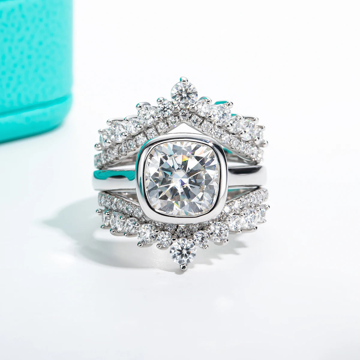 Anel de Noivado Moissanita Cushion Cut 3ct Bezel em Prata 925