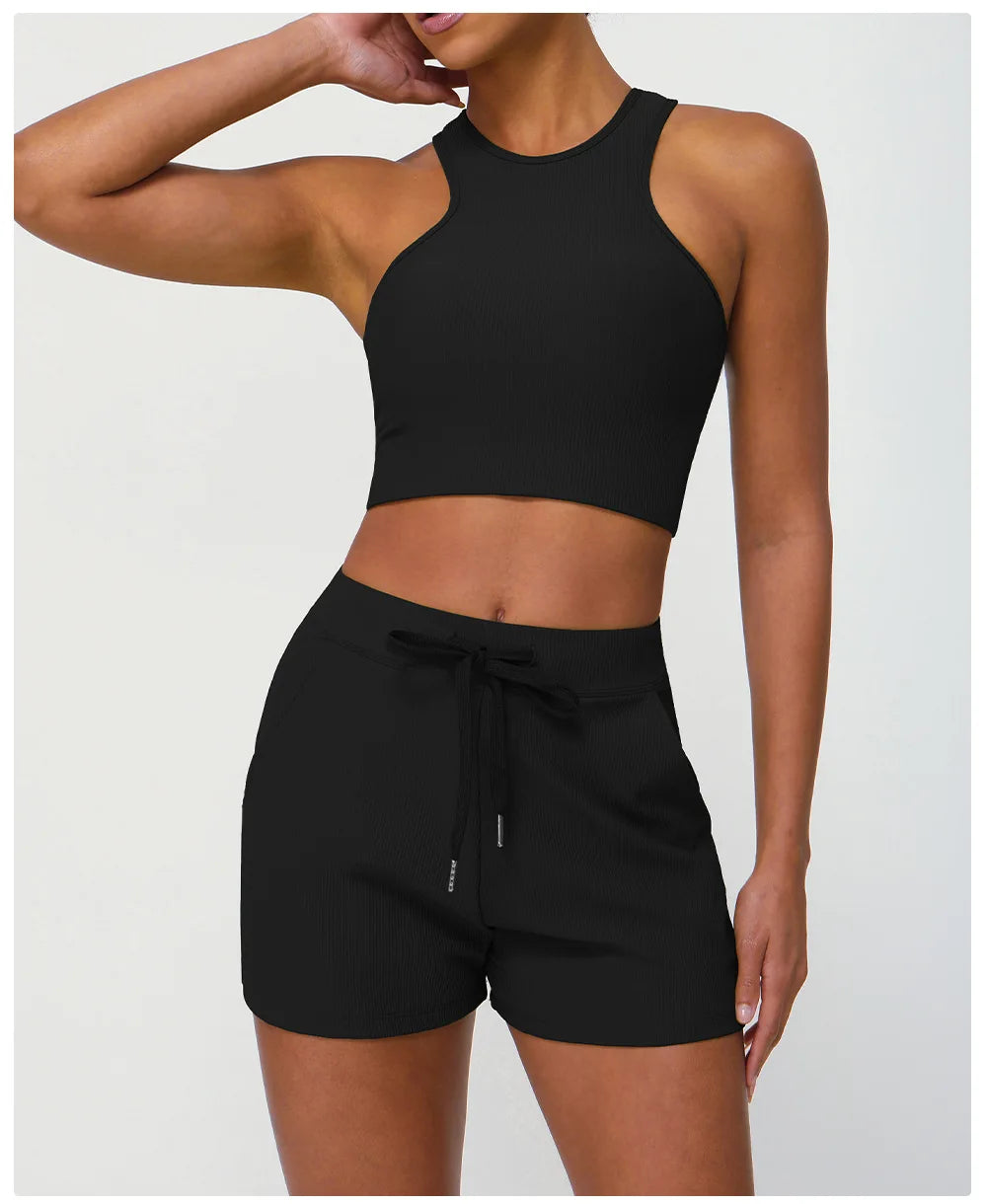 Conjunto Fitness Diamond Active Short 2 Peças Top Cropped e Short Anatômico com Bolsos Funcionais