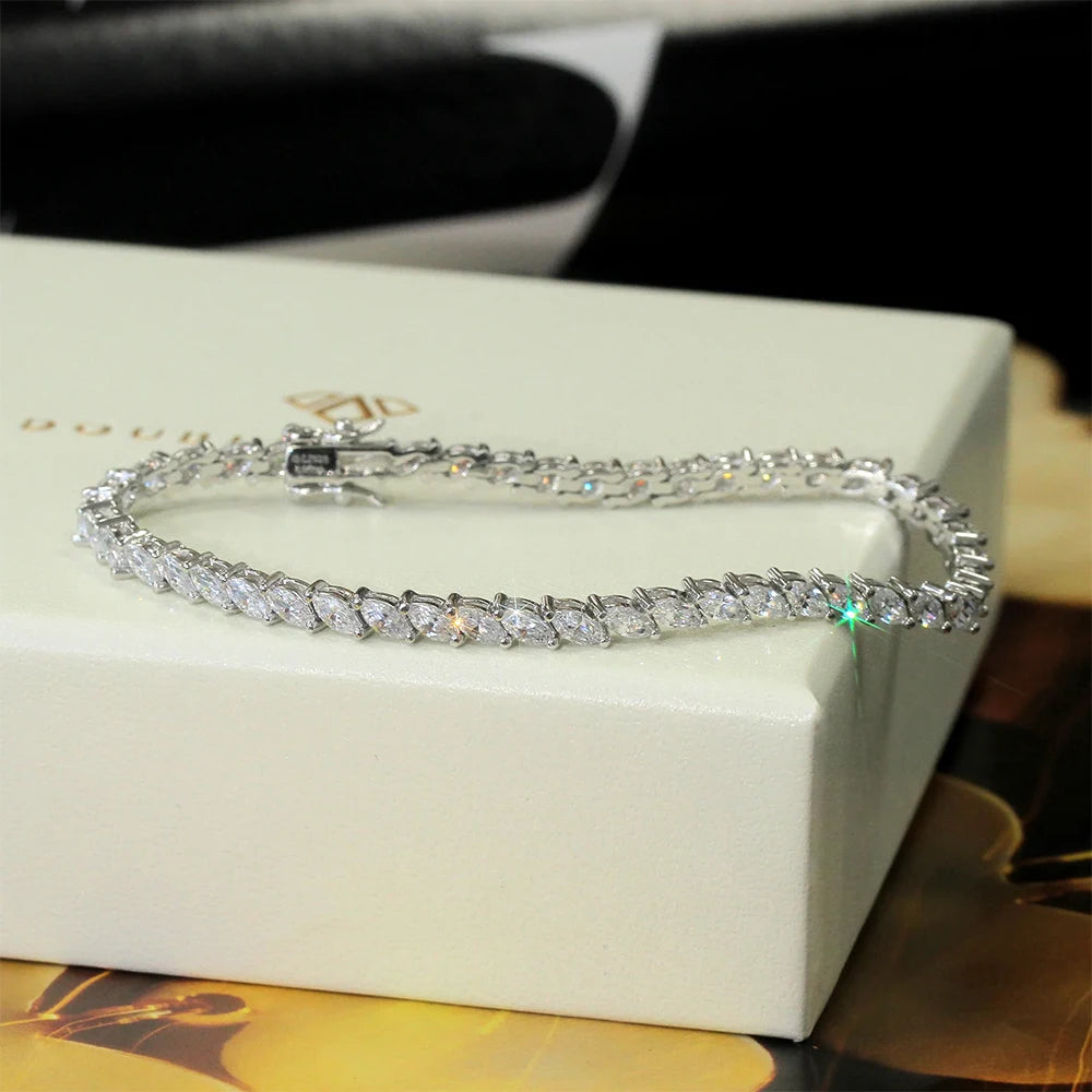 Riviera Navetes Bracelete Moissanita Marquise 0.5ct em Prata 925 com Banho de Ouro 18K