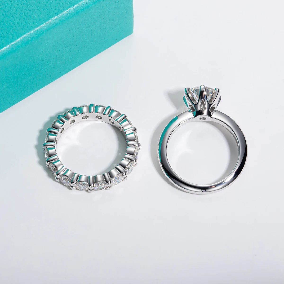 Leve 2 Pague 1 - Conjunto de Anéis Moissanita D Color 2ct – Solitário de Noivado e Aliança Eternity em Prata 925