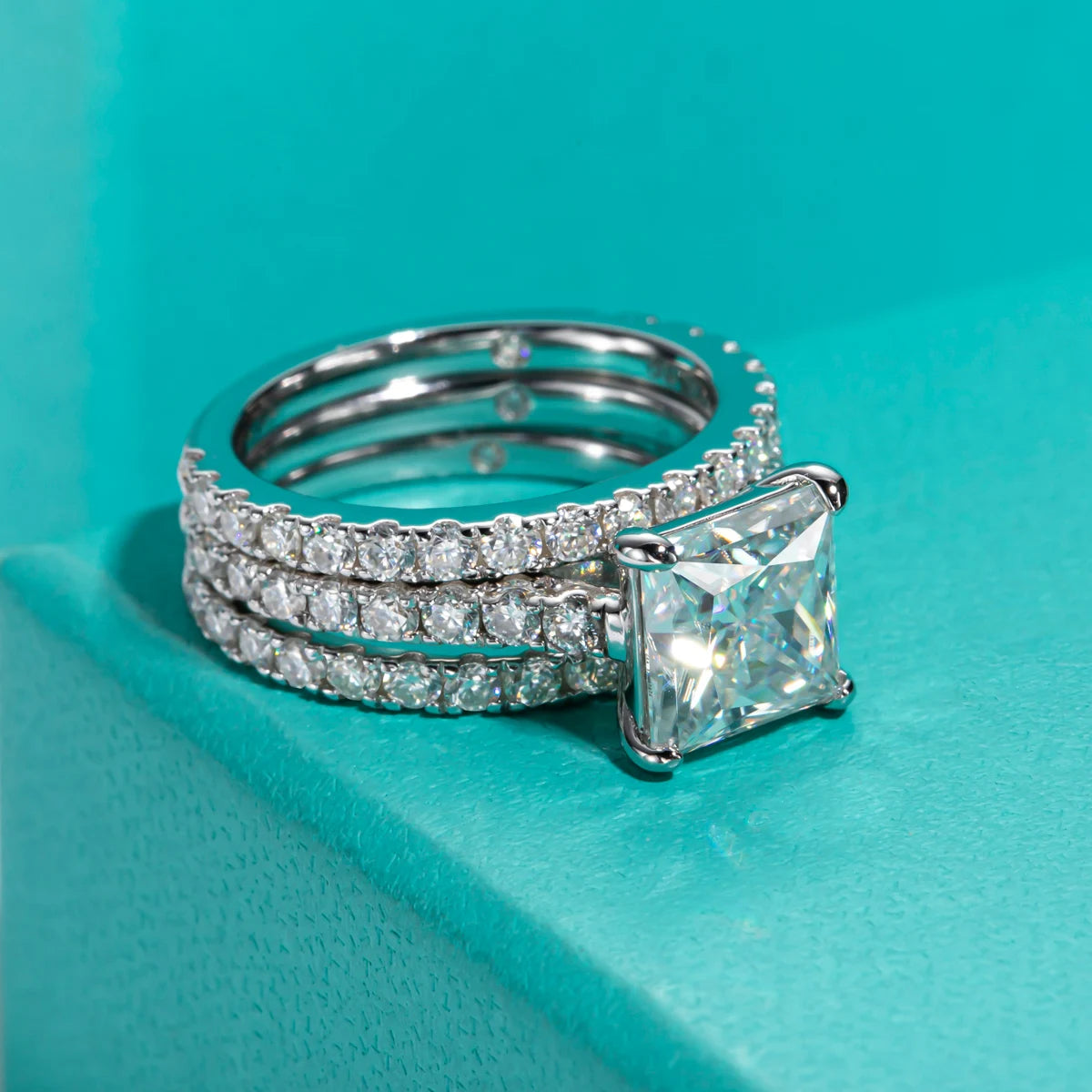 Conjunto de Noivado e Casamento Moissanita Princess Cut 3ct D Color em Prata 925