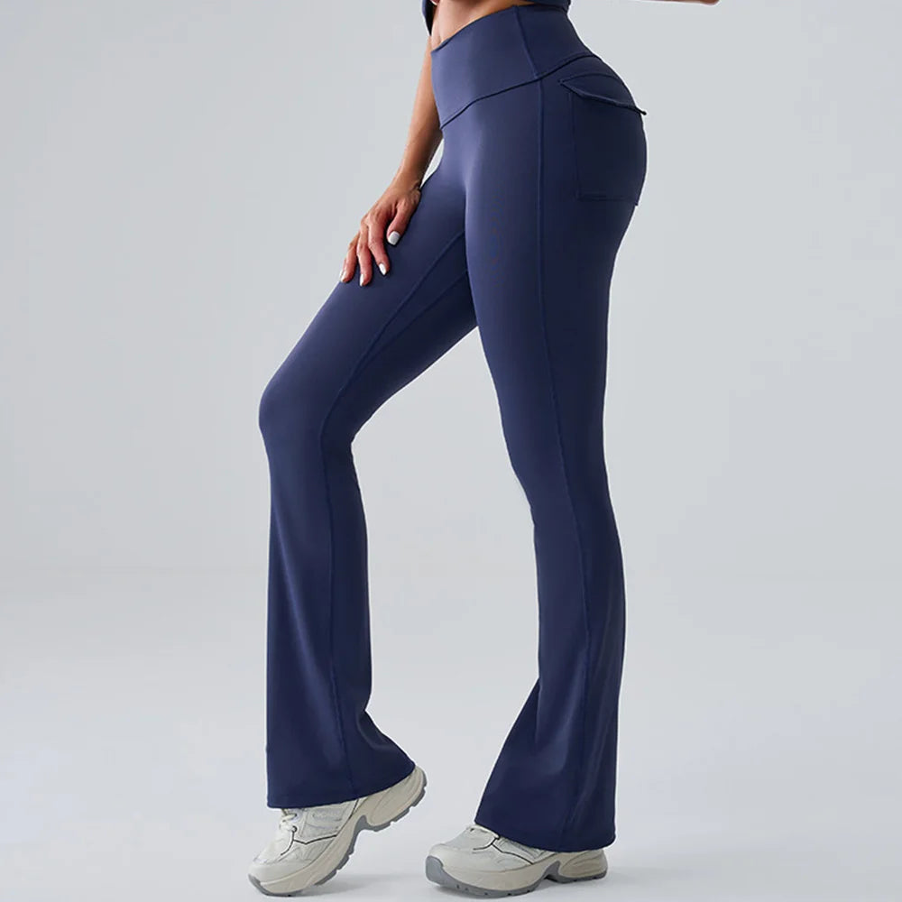 Calça Flare Fitness Push Up – Cintura Alta, Super Elástica, com Bolsos e Boca de Sino