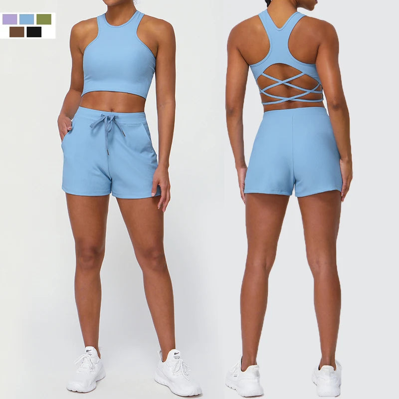 Conjunto Fitness Diamond Active Short 2 Peças Top Cropped e Short Anatômico com Bolsos Funcionais