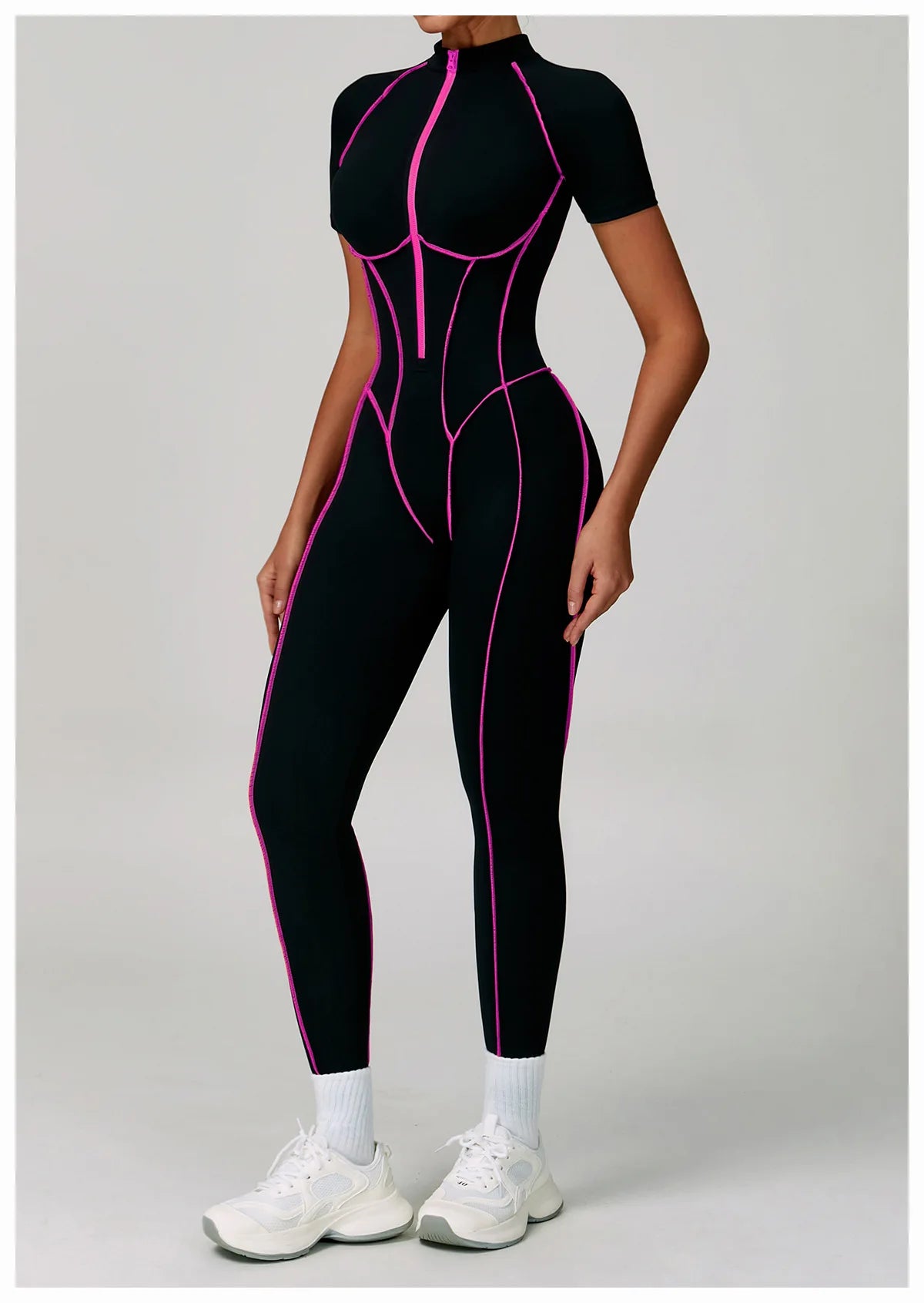 Macacão Fitness Feminino Manga Curta com Zíper – Push Up One Piece | Fit Diamond