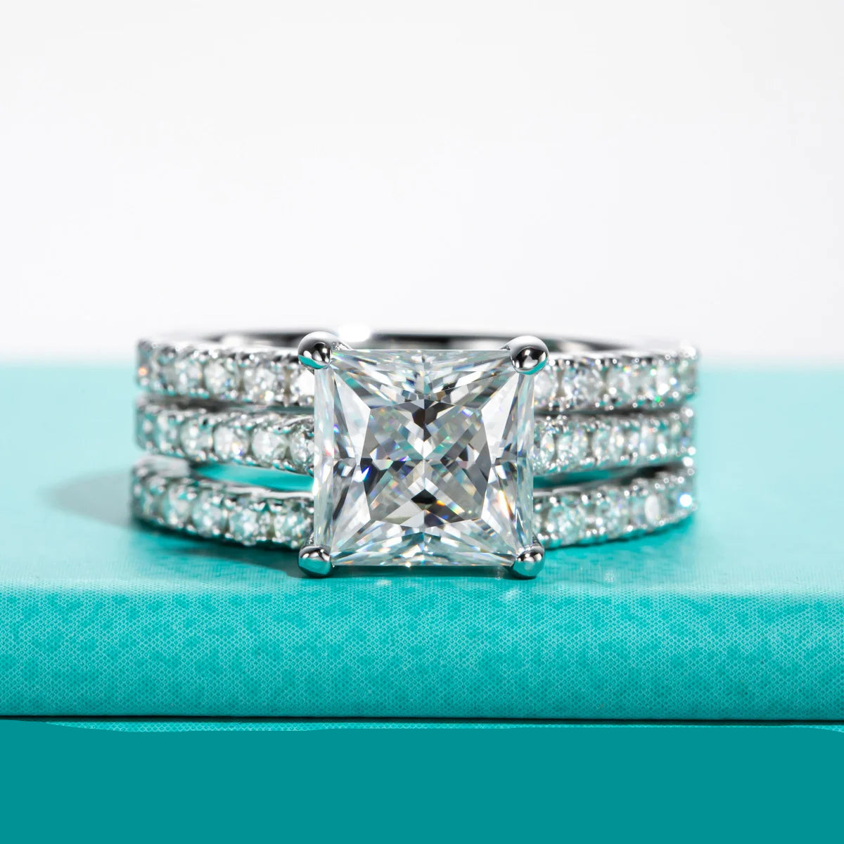 Conjunto de Noivado e Casamento Moissanita Princess Cut 3ct D Color em Prata 925