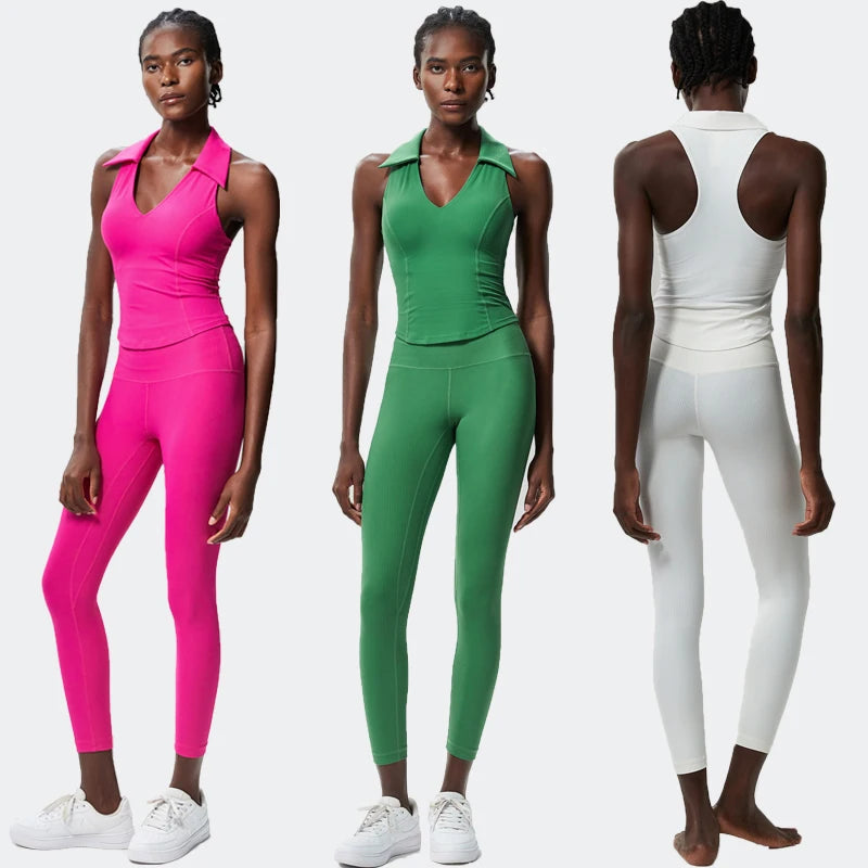 Conjunto Fitness Blusa Polo e Calça  Feminino 2 Peças Fit Diamond – Ribbed Seamless Slim Fit