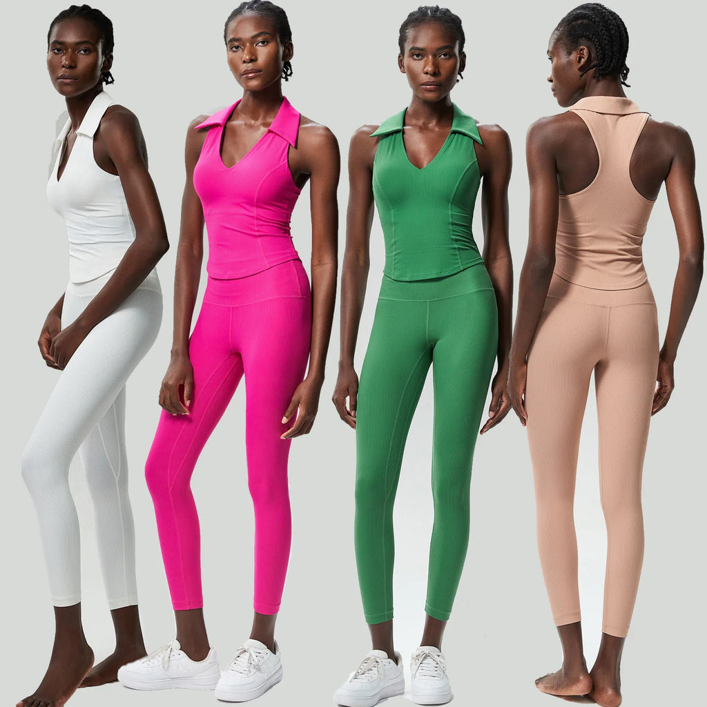 Conjunto Fitness Blusa Polo e Calça  Feminino 2 Peças Fit Diamond – Ribbed Seamless Slim Fit