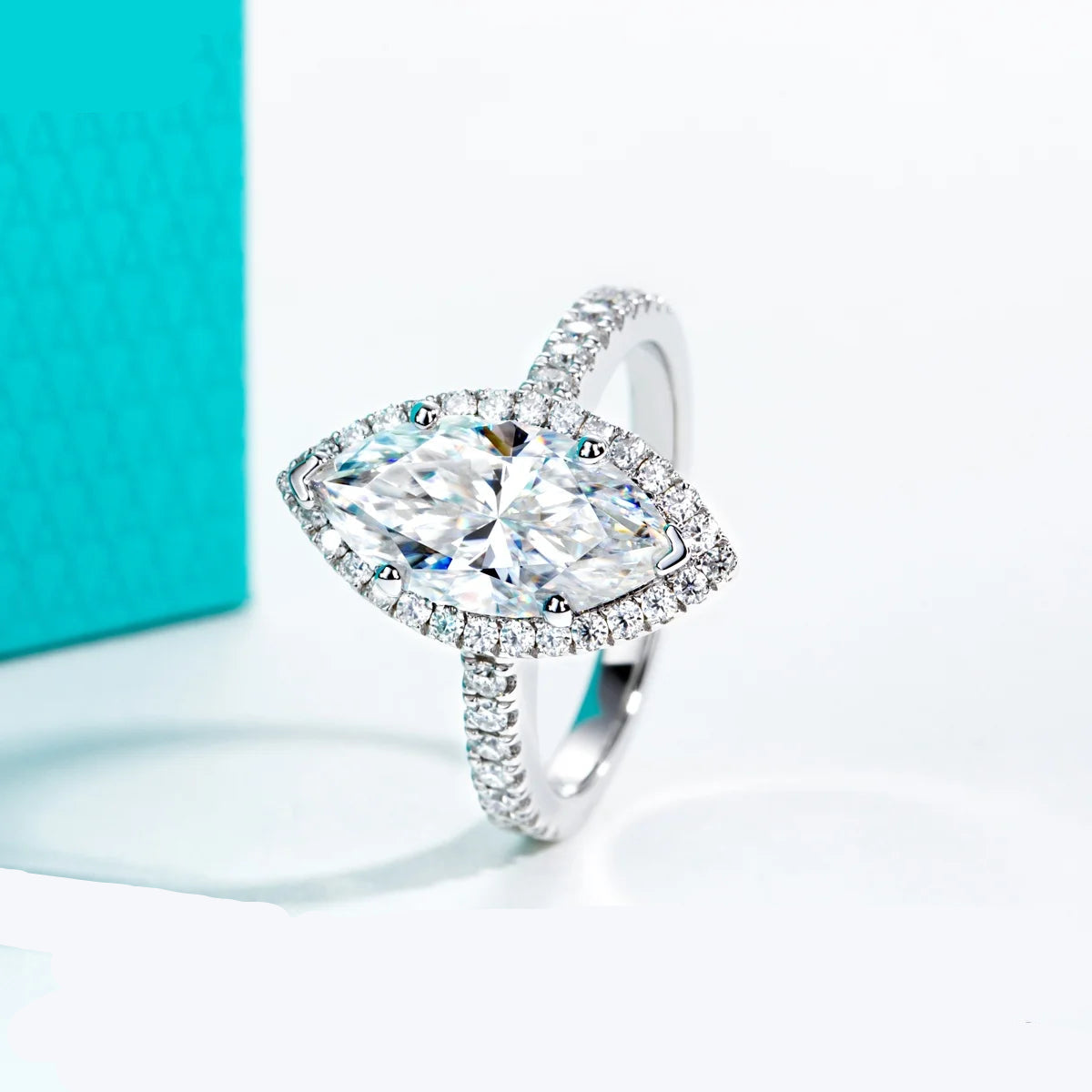 Anel Halo de Noivado com Moissanita Marquise 3ct em Prata 925 – Cor D VVS1, Luxo Feminino