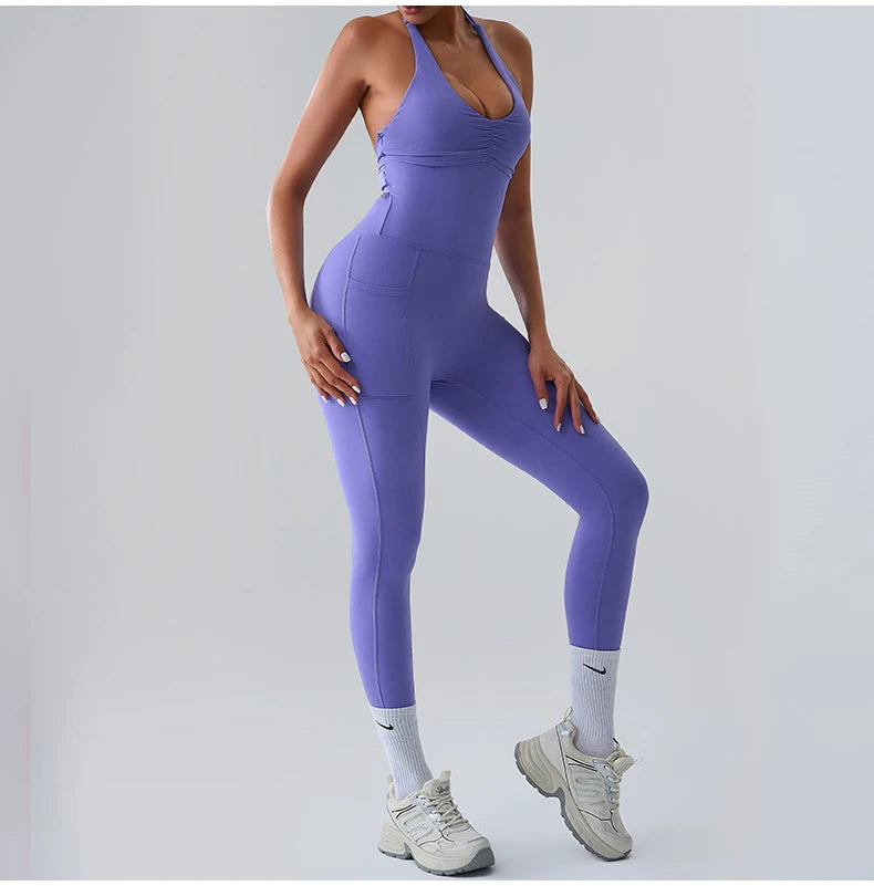 Macacão Fitness Feminino Sem Manga com Bolsos – Push Up One Piece | Fit Diamond