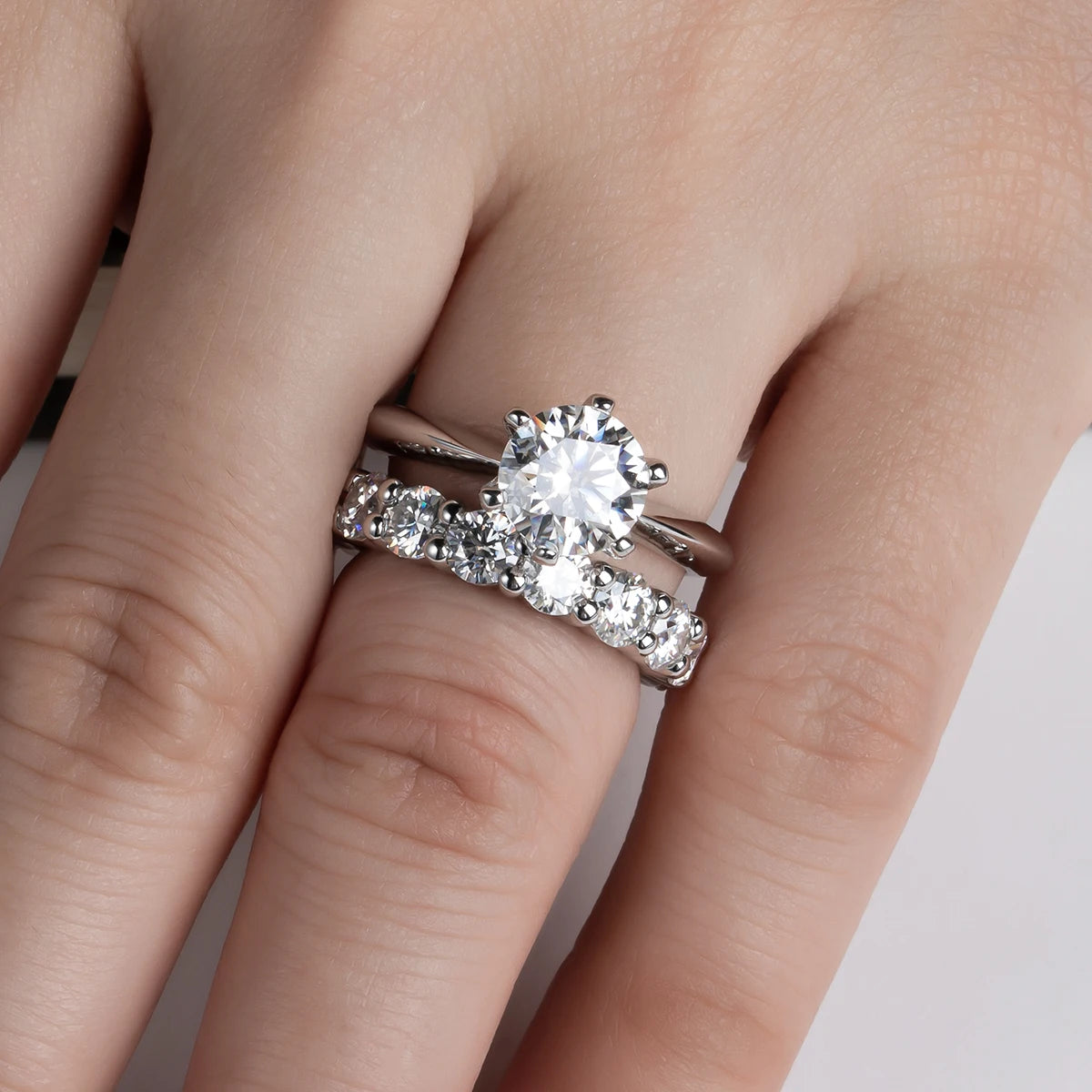 Leve 2 Pague 1 - Conjunto de Anéis Moissanita D Color 2ct – Solitário de Noivado e Aliança Eternity em Prata 925