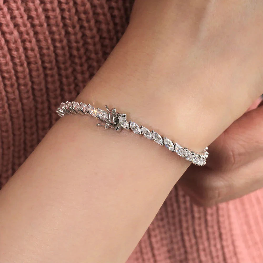 Riviera Navetes Bracelete Moissanita Marquise 0.5ct em Prata 925 com Banho de Ouro 18K