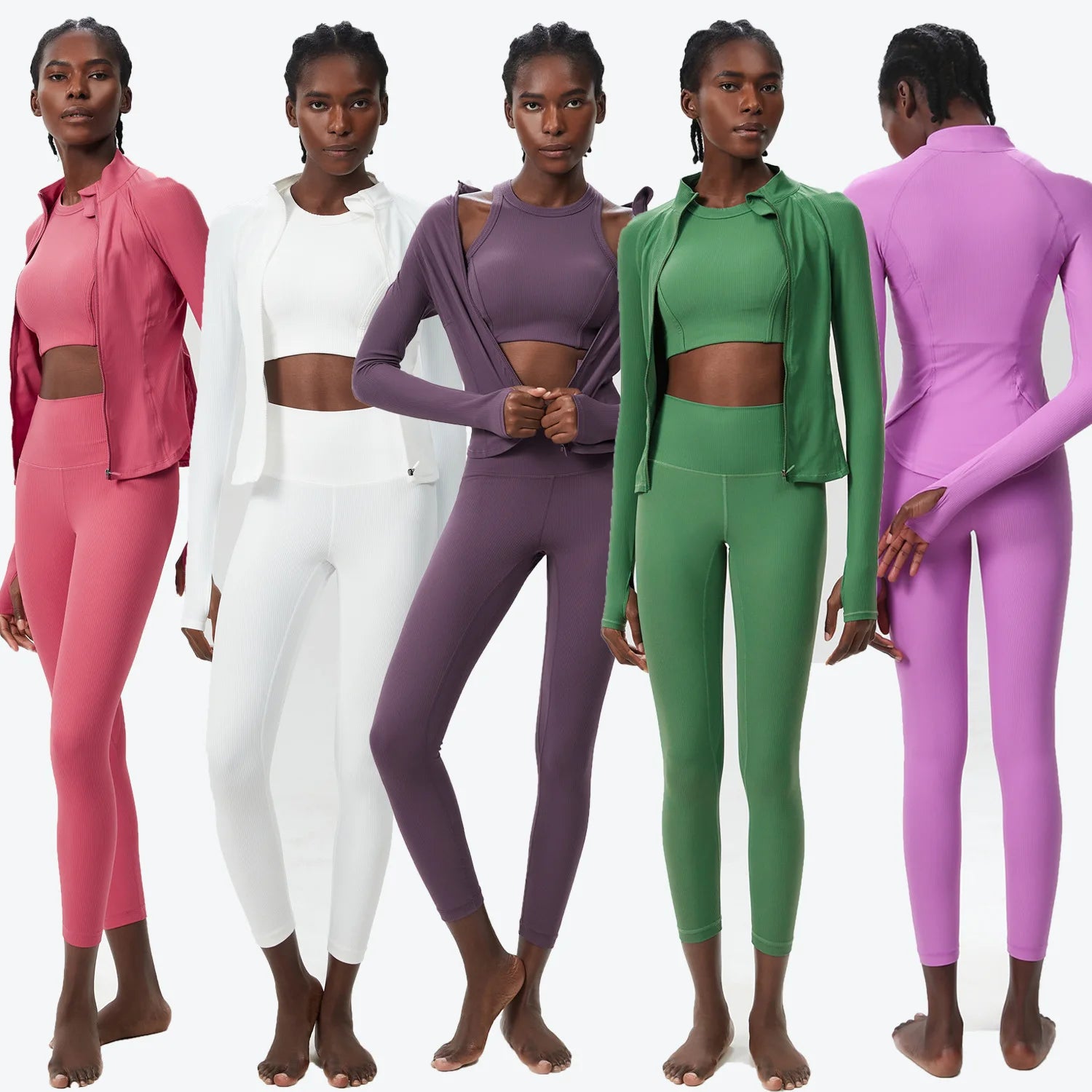 Conjunto Fitness Diamond Ribbed 3 Peças Top Cropped, Legging Anatômica e Blusa de Manga Longa