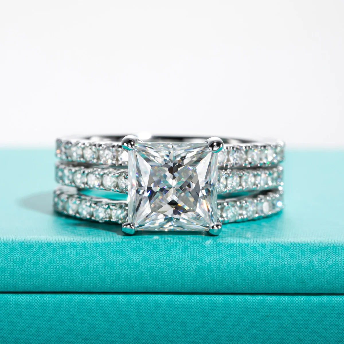 Conjunto de Noivado e Casamento Moissanita Princess Cut 3ct D Color em Prata 925