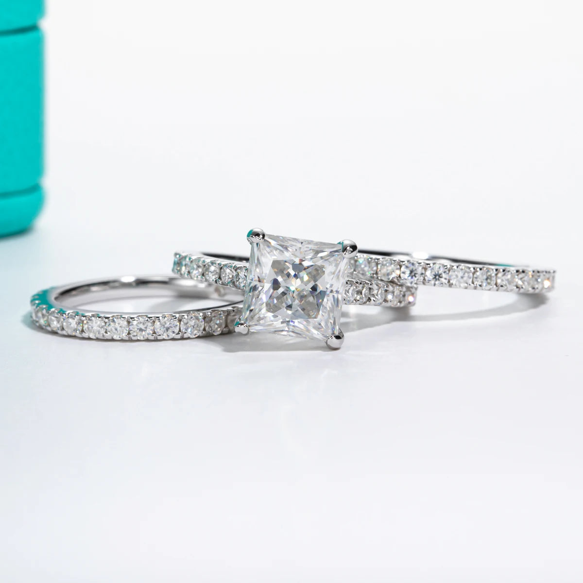 Conjunto de Noivado e Casamento Moissanita Princess Cut 3ct D Color em Prata 925