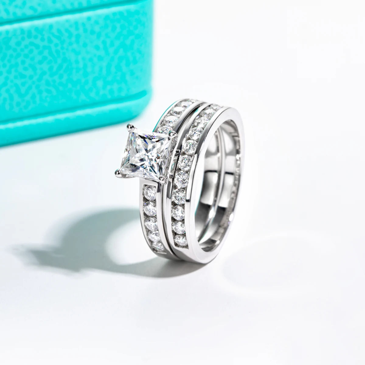 Conjunto de Noivado Moissanita Princess Cut 1.2ct D Color em Prata 925