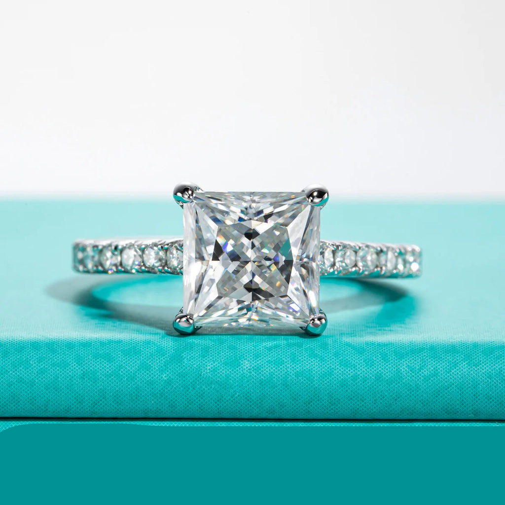 Conjunto de Noivado e Casamento Moissanita Princess Cut 3ct D Color em Prata 925
