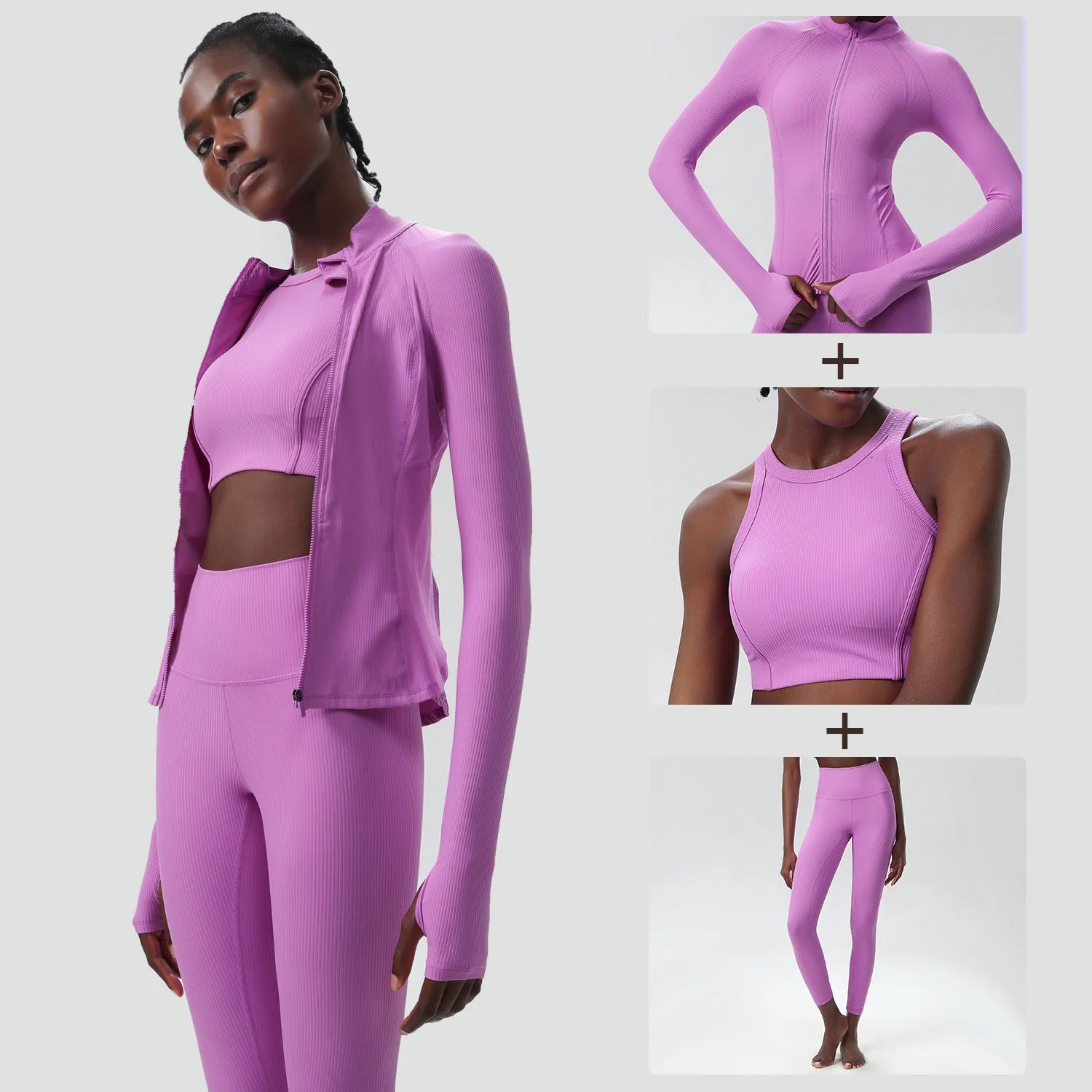 Conjunto Fitness Diamond Ribbed 3 Peças Top Cropped, Legging Anatômica e Blusa de Manga Longa