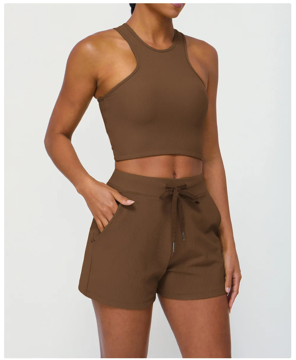 Conjunto Fitness Diamond Active Short 2 Peças Top Cropped e Short Anatômico com Bolsos Funcionais