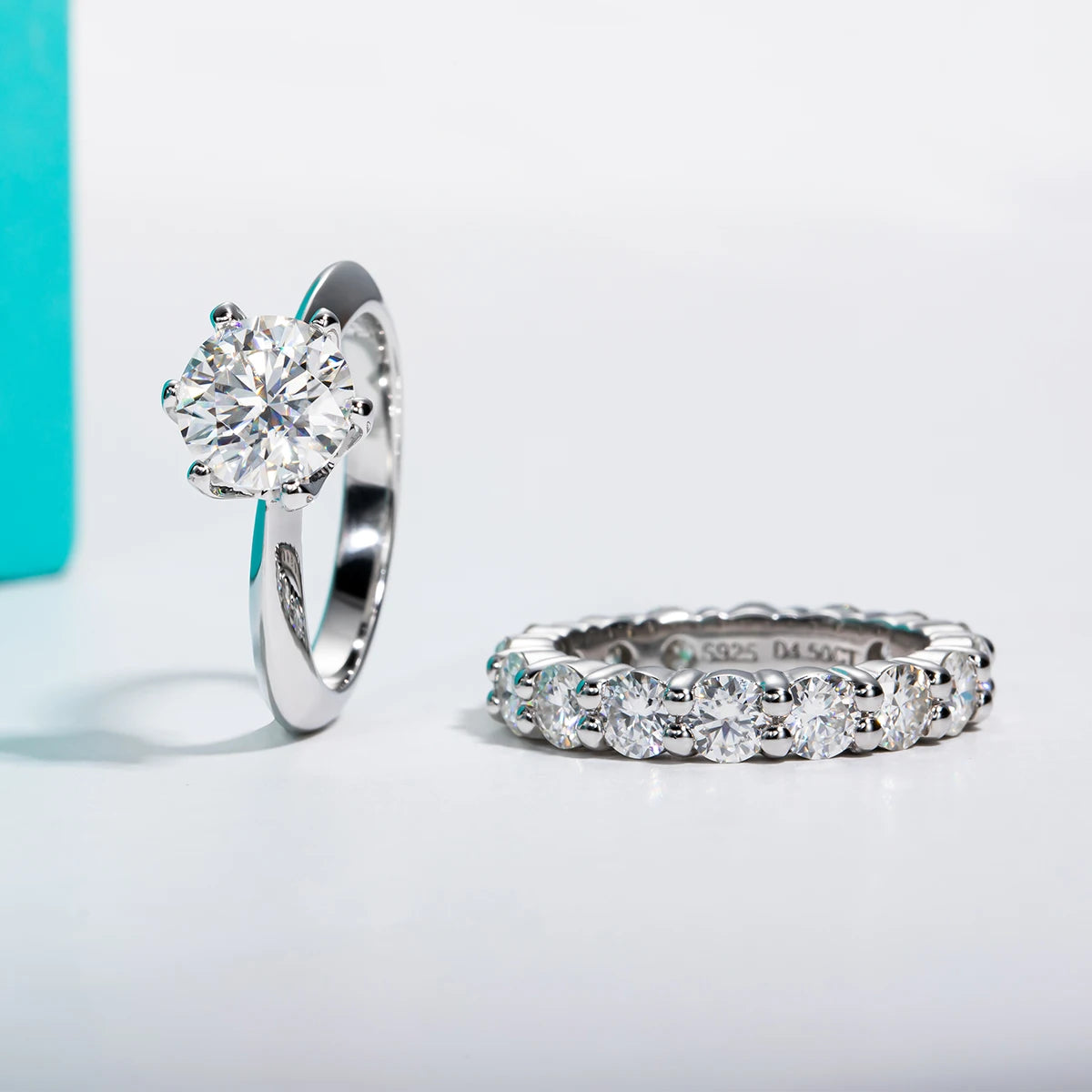Leve 2 Pague 1 - Conjunto de Anéis Moissanita D Color 2ct – Solitário de Noivado e Aliança Eternity em Prata 925