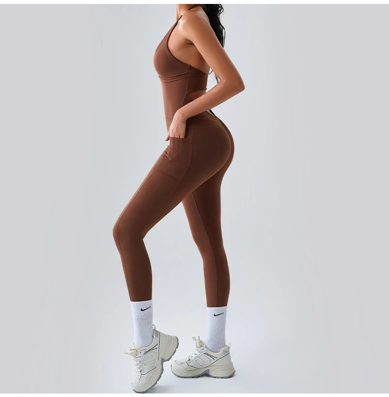 Macacão Fitness Feminino Sem Manga com Bolsos – Push Up One Piece | Fit Diamond