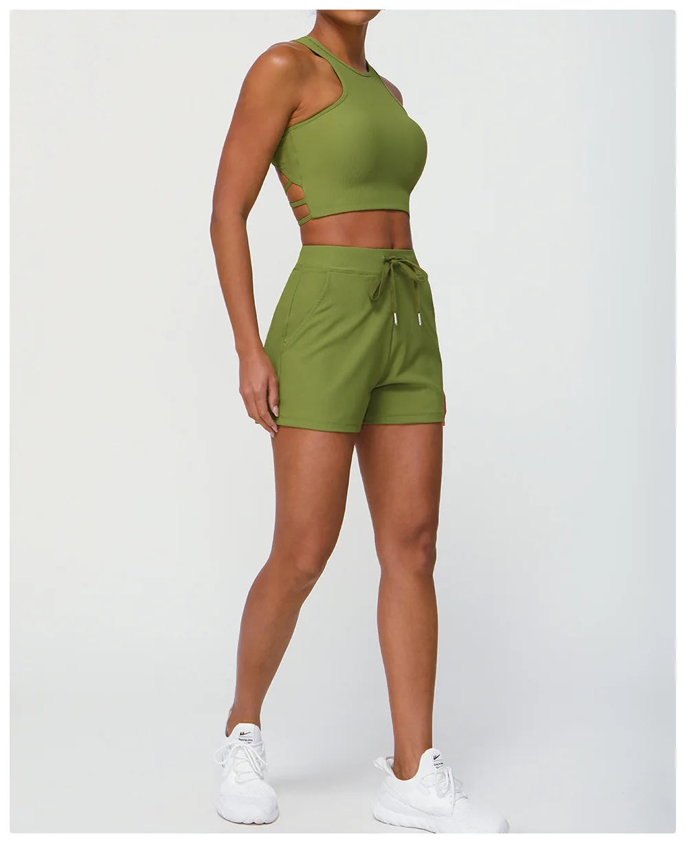 Conjunto Fitness Diamond Active Short 2 Peças Top Cropped e Short Anatômico com Bolsos Funcionais