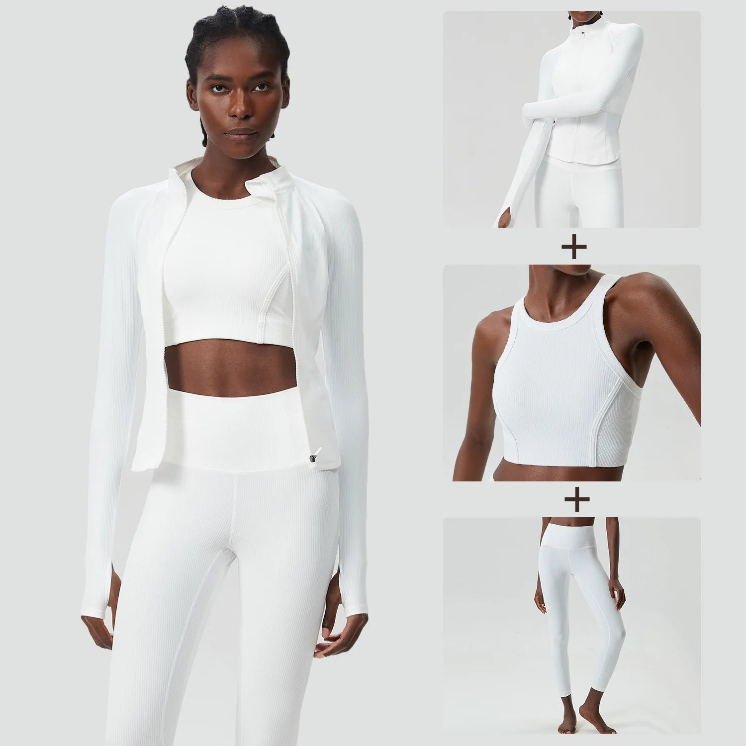 Conjunto Fitness Diamond Ribbed 3 Peças Top Cropped, Legging Anatômica e Blusa de Manga Longa