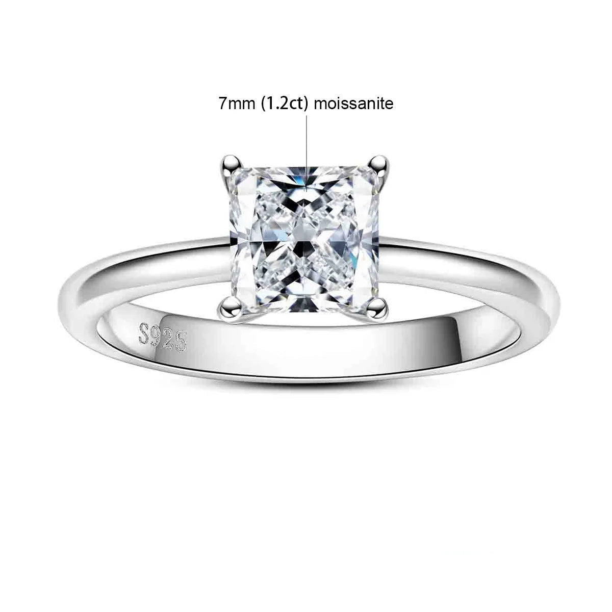Anel de Noivado Solitário Moissanita Princess Cut 1.2ct D Color em Prata 925
