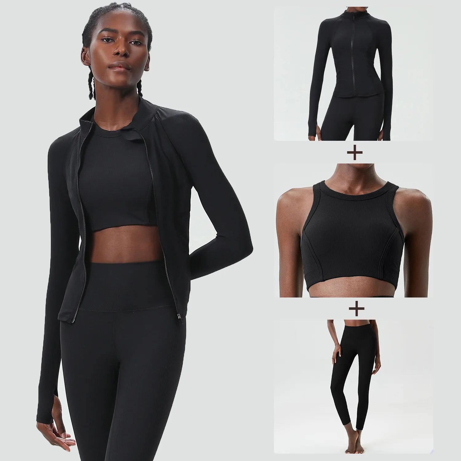 Conjunto Fitness Diamond Ribbed 3 Peças Top Cropped, Legging Anatômica e Blusa de Manga Longa