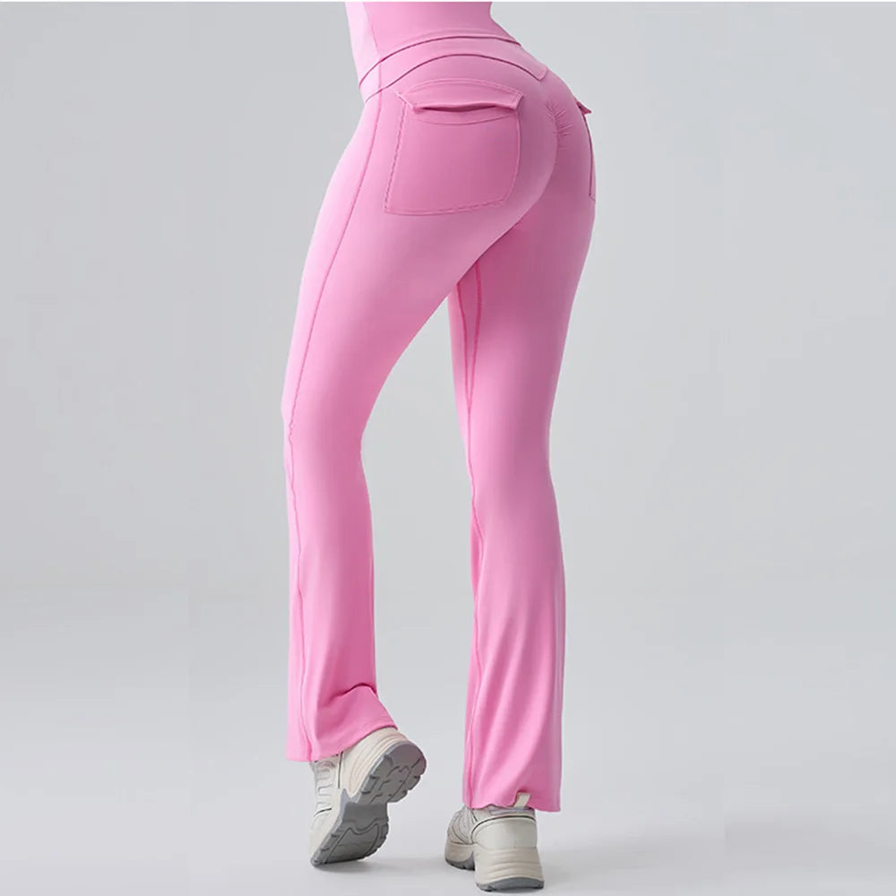 Calça Flare Fitness Push Up – Cintura Alta, Super Elástica, com Bolsos e Boca de Sino