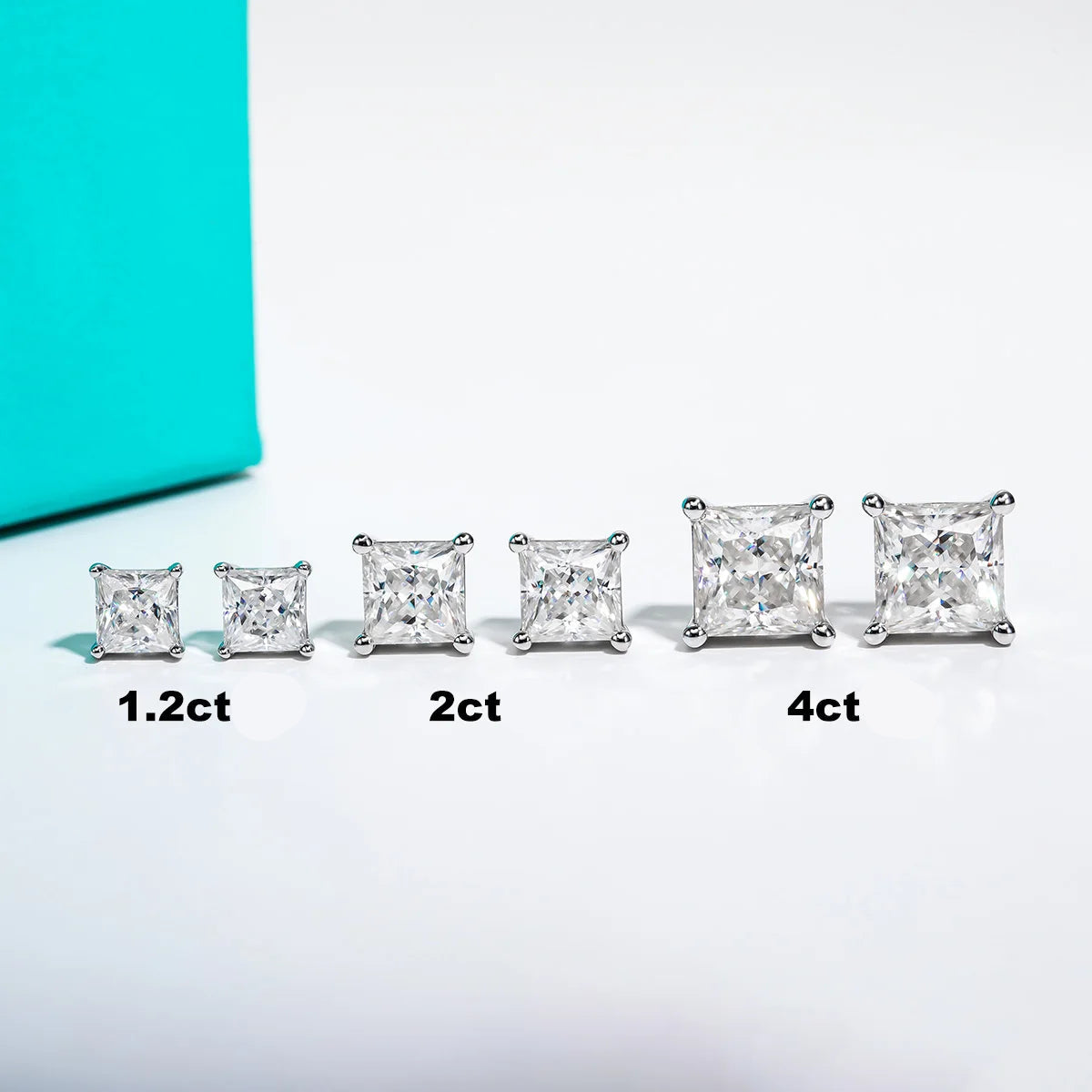 Brincos Stud de Moissanita Princess Cut 10K Ouro | 4ct / 2ct / 1.2ct Total – Hipoalergênicos