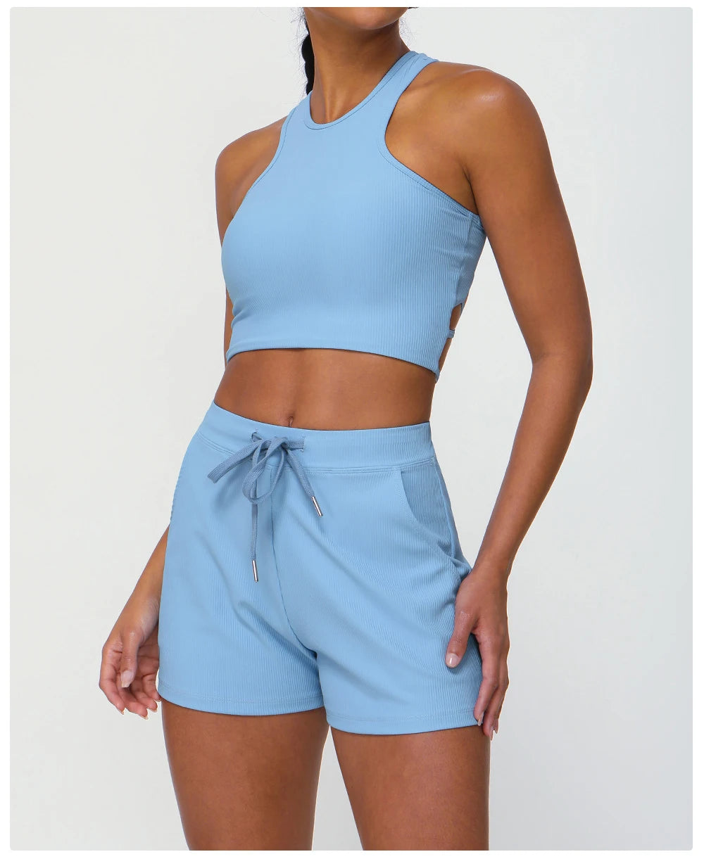 Conjunto Fitness Diamond Active Short 2 Peças Top Cropped e Short Anatômico com Bolsos Funcionais