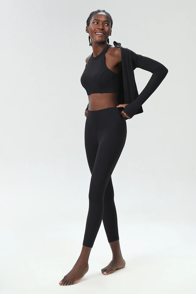 Conjunto Fitness Diamond Ribbed 3 Peças Top Cropped, Legging Anatômica e Blusa de Manga Longa