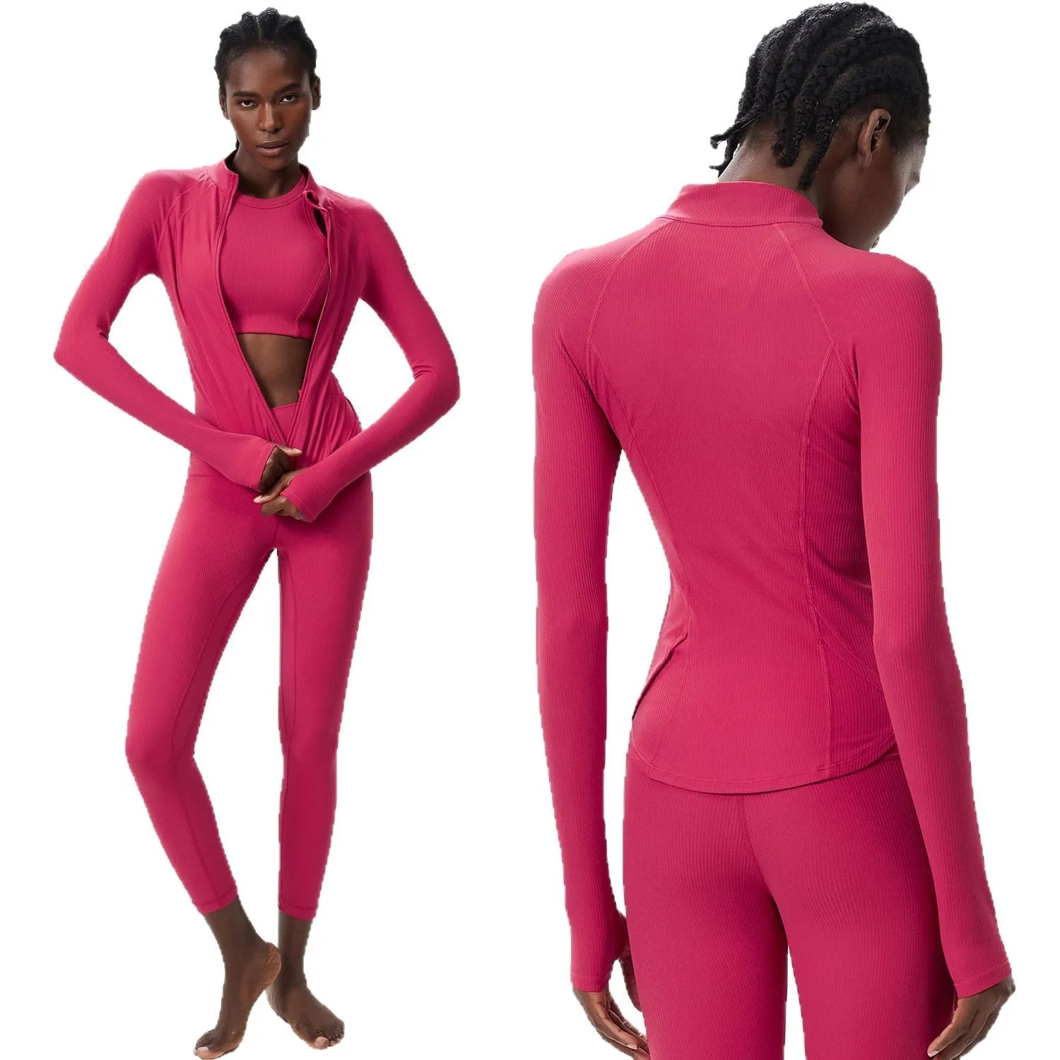 Conjunto Fitness Diamond Ribbed 3 Peças Top Cropped, Legging Anatômica e Blusa de Manga Longa