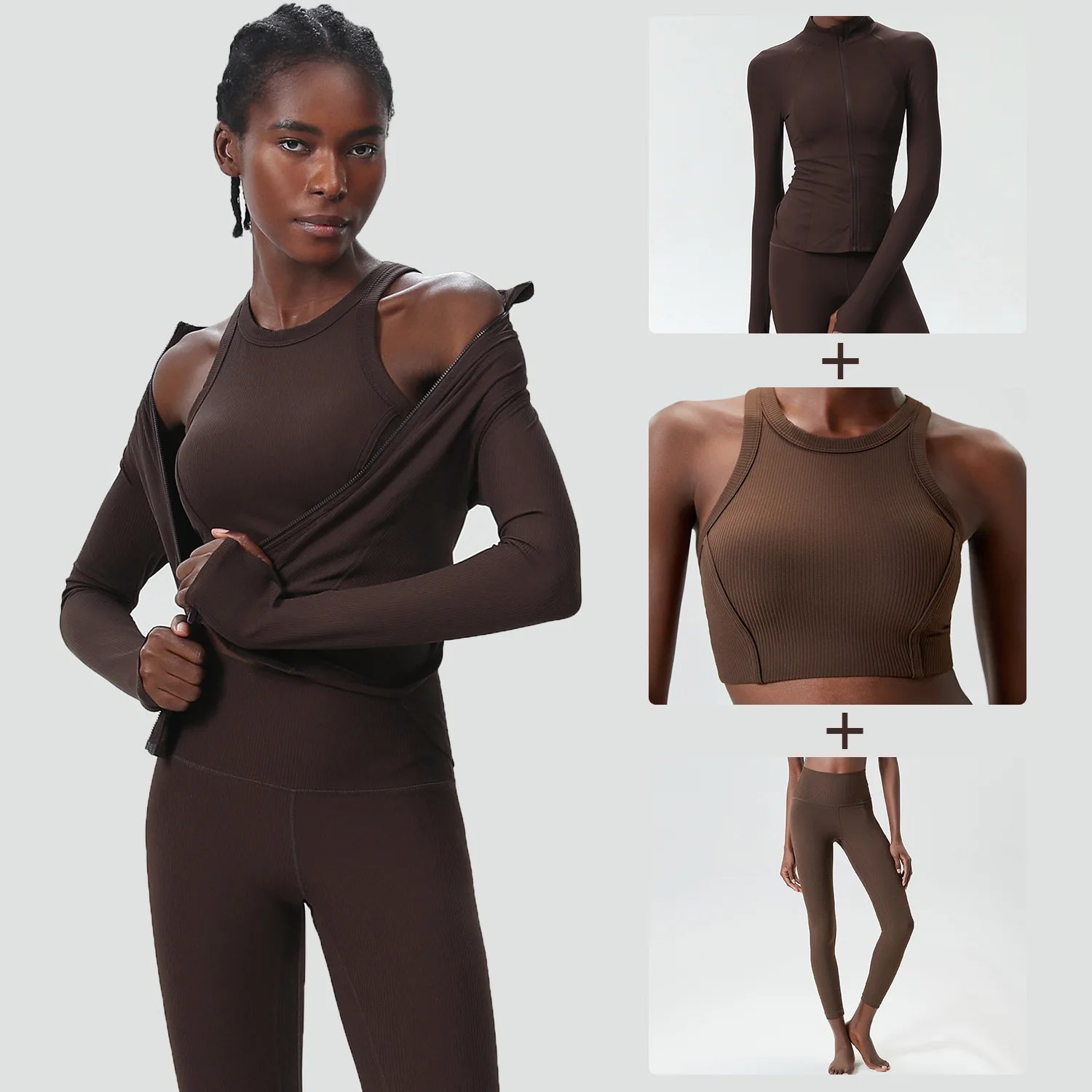 Conjunto Fitness Diamond Ribbed 3 Peças Top Cropped, Legging Anatômica e Blusa de Manga Longa