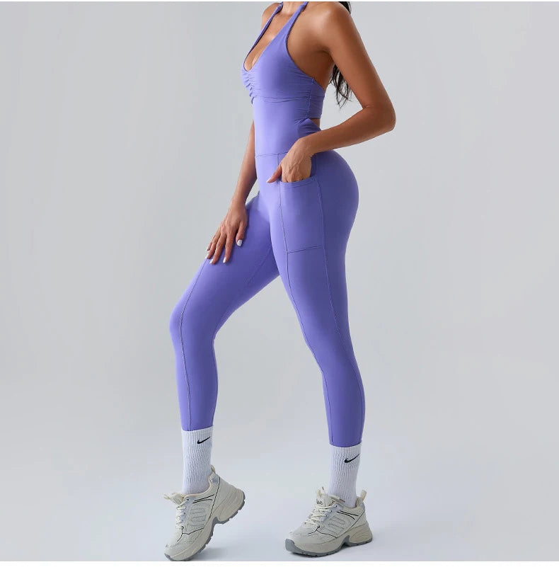 Macacão Fitness Feminino Sem Manga com Bolsos – Push Up One Piece | Fit Diamond