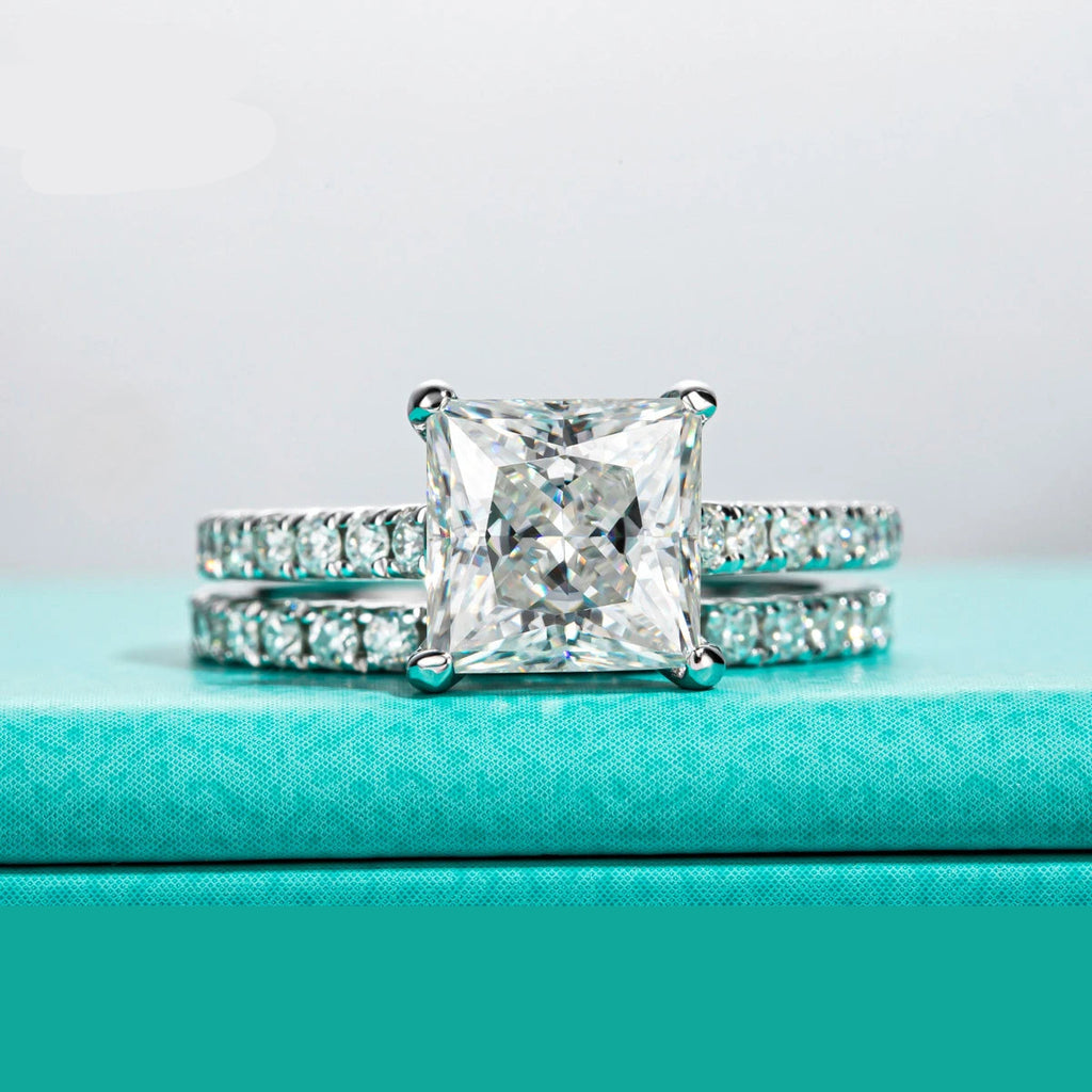 Conjunto de Noivado e Casamento Moissanita Princess Cut 3ct D Color em Prata 925
