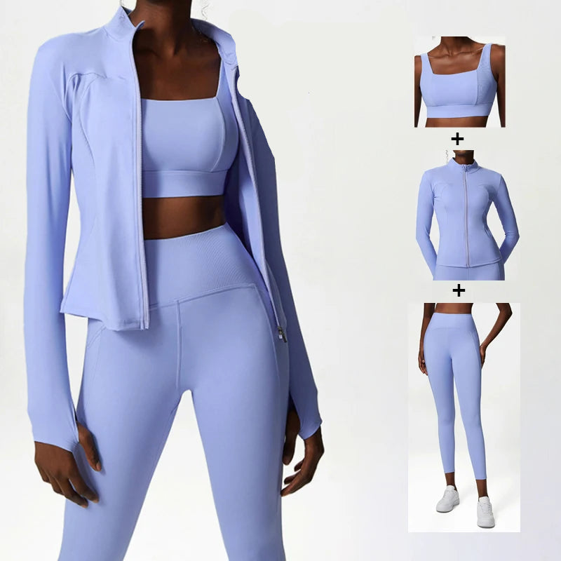 Conjunto Fitness Feminino 2 ou 3 Peças Fit Diamond – Top + Legging + Jaqueta Slim Fit
