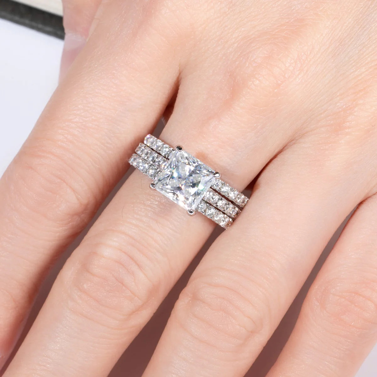Conjunto de Noivado e Casamento Moissanita Princess Cut 3ct D Color em Prata 925