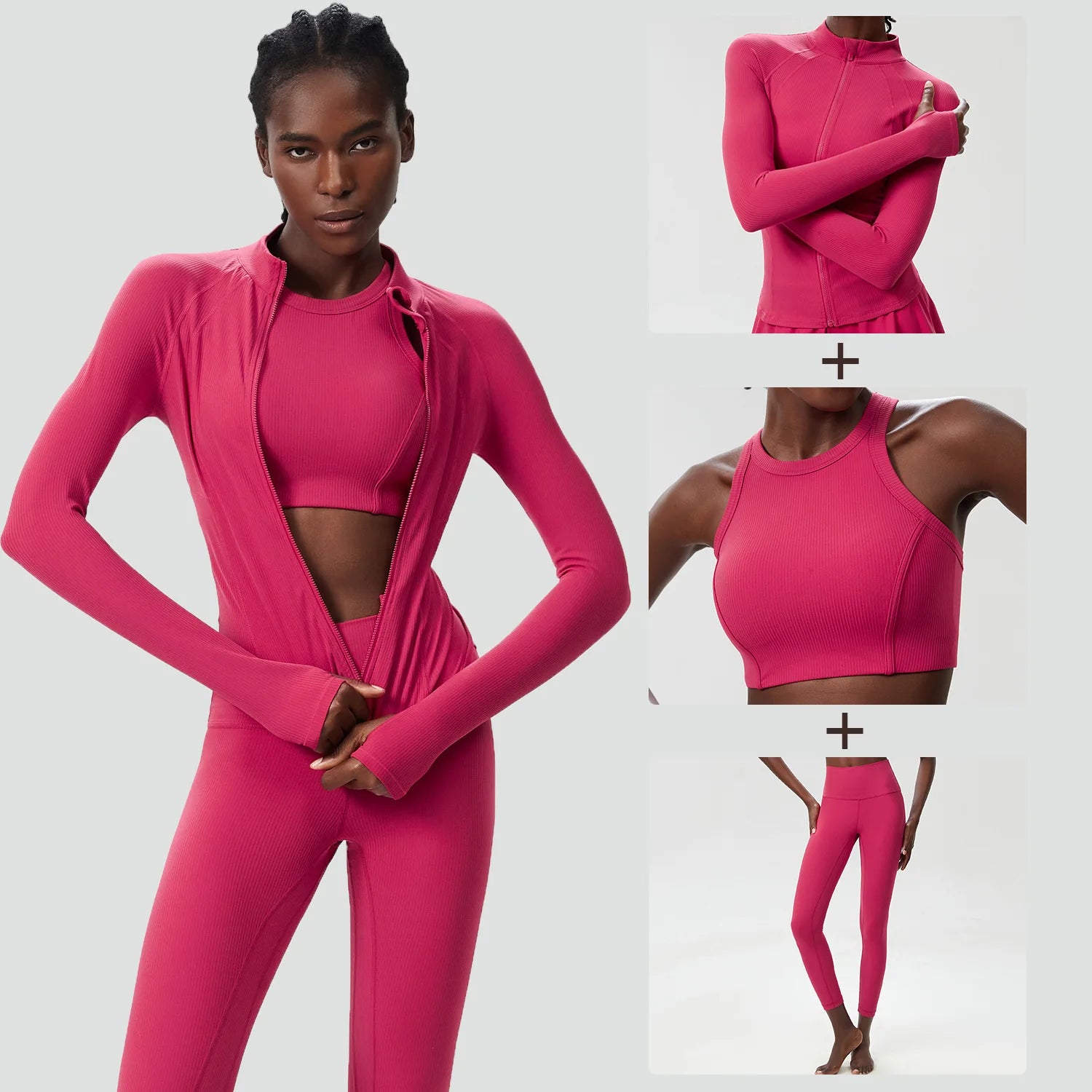 Conjunto Fitness Diamond Ribbed 3 Peças Top Cropped, Legging Anatômica e Blusa de Manga Longa