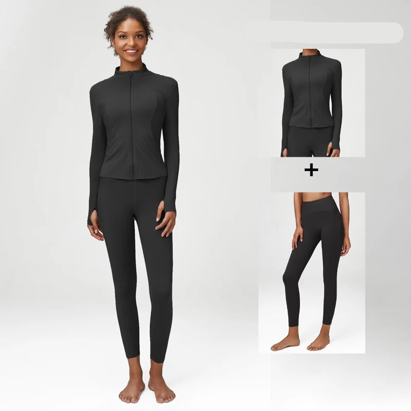 Conjunto Fitness Feminino 2 ou 3 Peças Fit Diamond – Top + Legging + Jaqueta Slim Fit