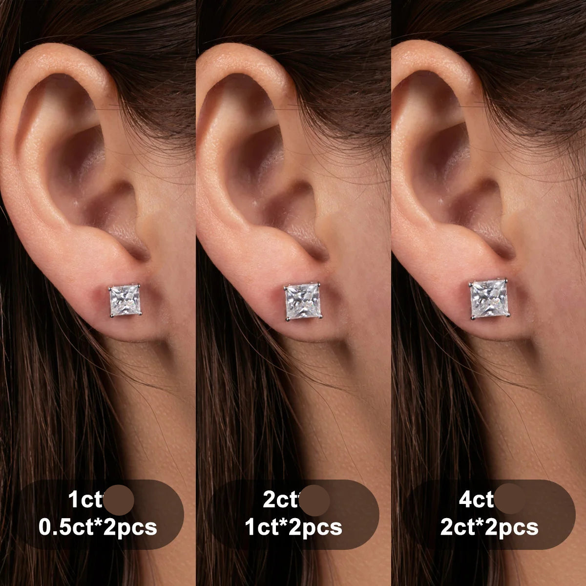 Brincos Stud de Moissanita Princess Cut 10K Ouro | 4ct / 2ct / 1.2ct Total – Hipoalergênicos
