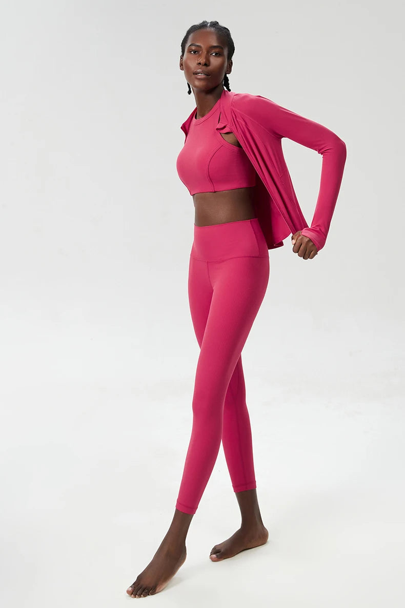 Conjunto Fitness Diamond Ribbed 3 Peças Top Cropped, Legging Anatômica e Blusa de Manga Longa
