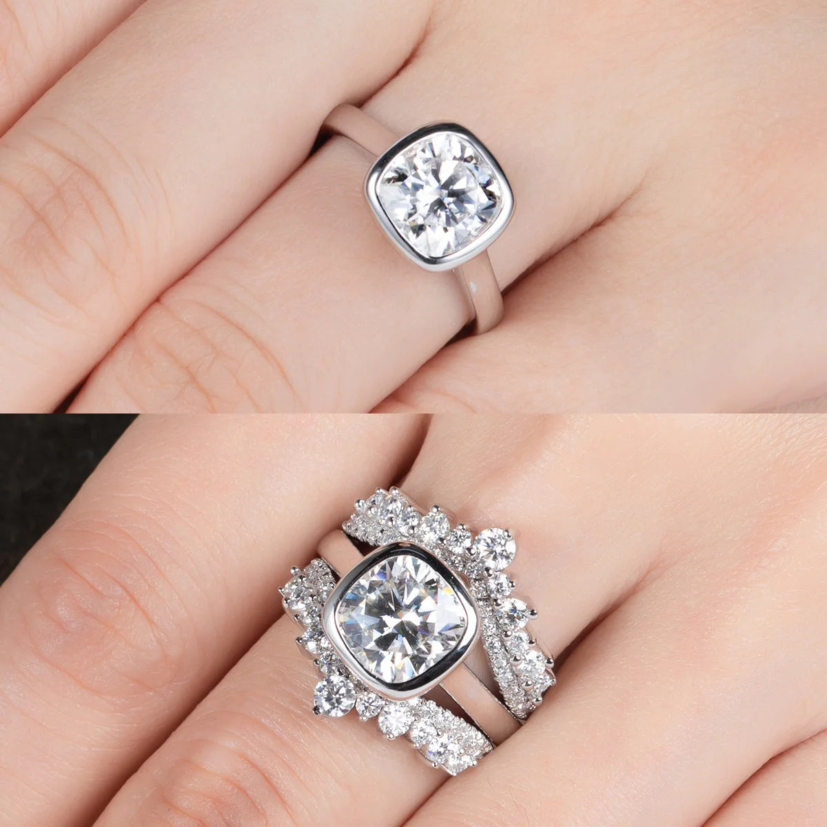 Anel de Noivado Moissanita Cushion Cut 3ct Bezel em Prata 925