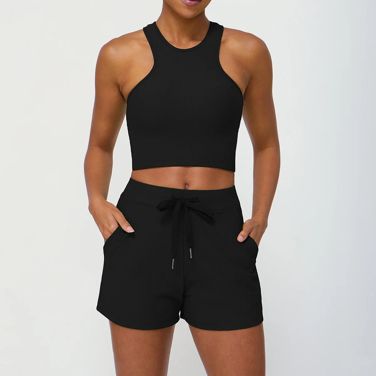 Conjunto Fitness Diamond Active Short 2 Peças Top Cropped e Short Anatômico com Bolsos Funcionais