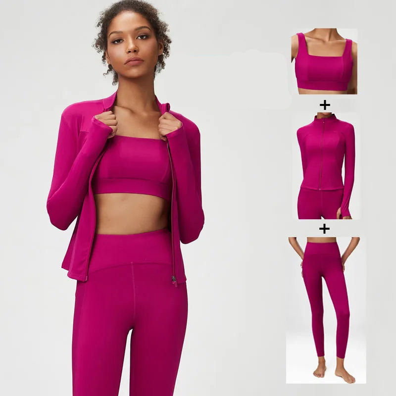 Conjunto Fitness Feminino 2 ou 3 Peças Fit Diamond – Top + Legging + Jaqueta Slim Fit