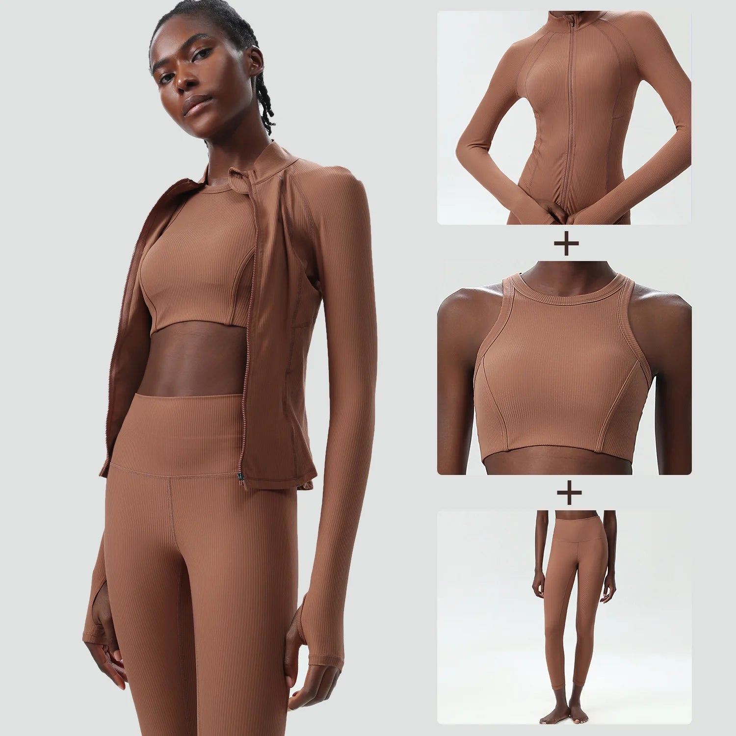 Conjunto Fitness Diamond Ribbed 3 Peças Top Cropped, Legging Anatômica e Blusa de Manga Longa