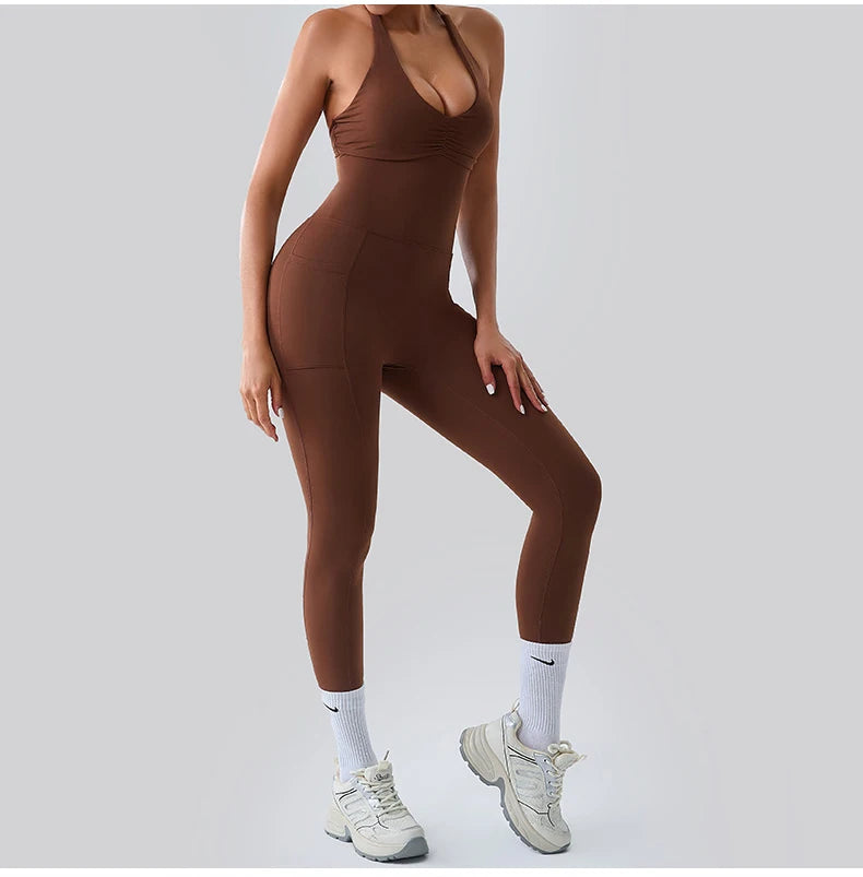 Macacão Fitness Feminino Sem Manga com Bolsos – Push Up One Piece | Fit Diamond