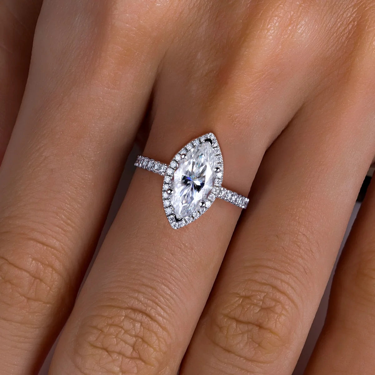 Anel Halo de Noivado com Moissanita Marquise 3ct em Prata 925 – Cor D VVS1, Luxo Feminino