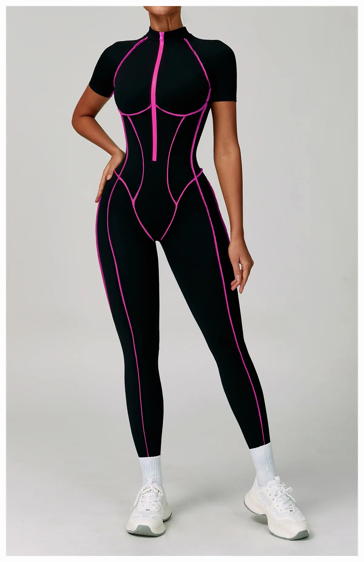 Macacão Fitness Feminino Manga Curta com Zíper – Push Up One Piece | Fit Diamond